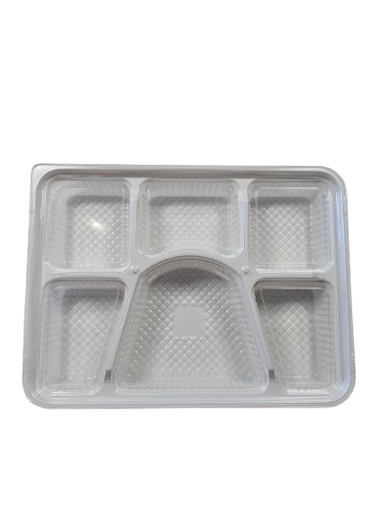 6 Compartment Tray White Base + Clear Lid Combo(White Thali Takeout)