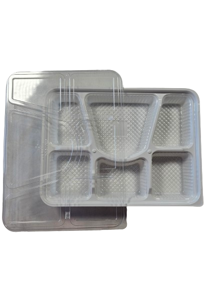 6 Compartment Tray White Base + Clear Lid Combo(White Thali Takeout)