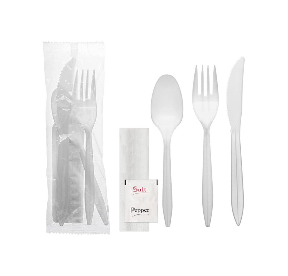 White Cutlery Kit Wrapped - Plastic Plastic Fork, Knife, Teaspoon, Napkin, and Salt / Pepper