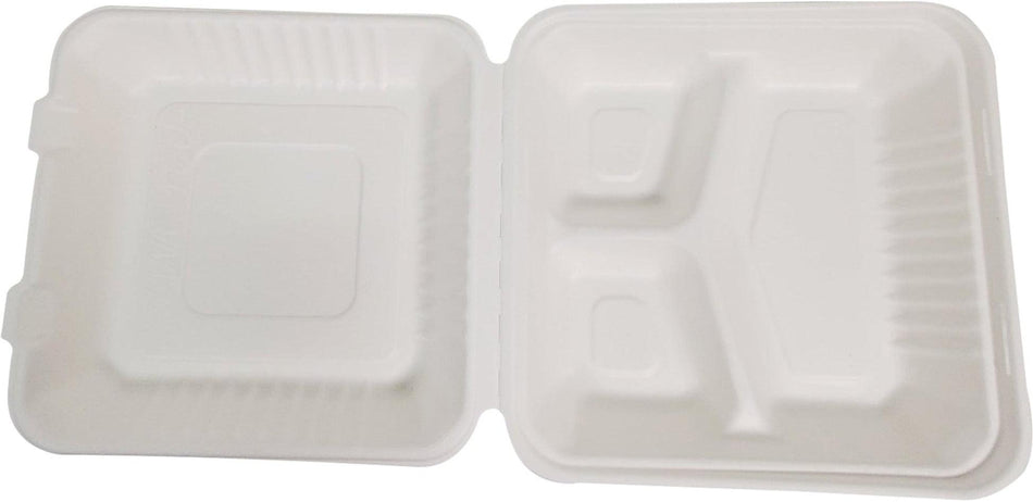 8X8 - 3 Compartment Bagasse Clamshell Container (Eco Friendly)