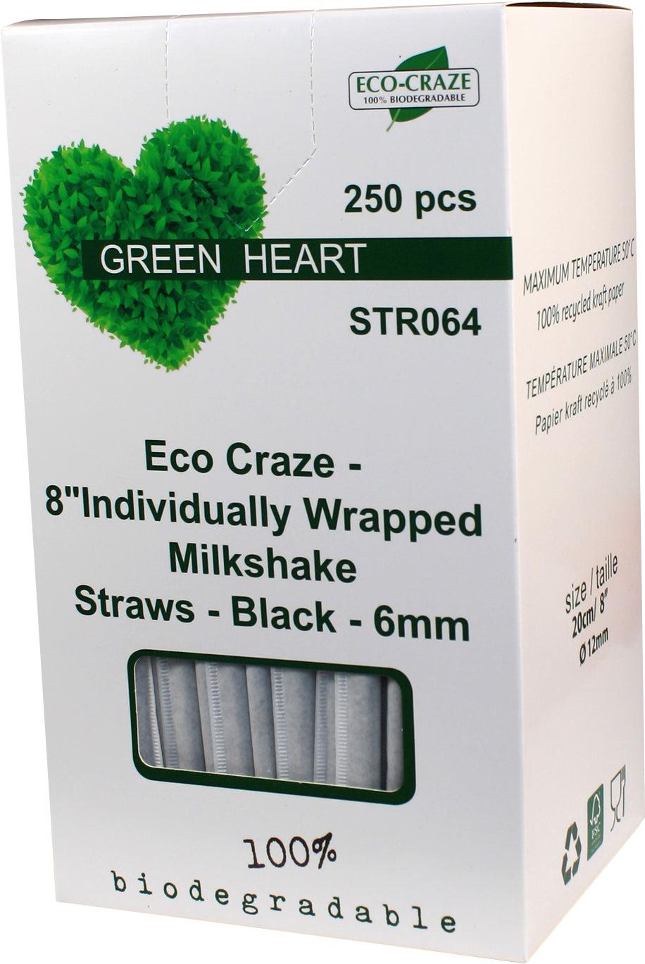 Eco-Craze - 8" Ind. Wrapped Milkshake Straws - Paper - Black - 6mm