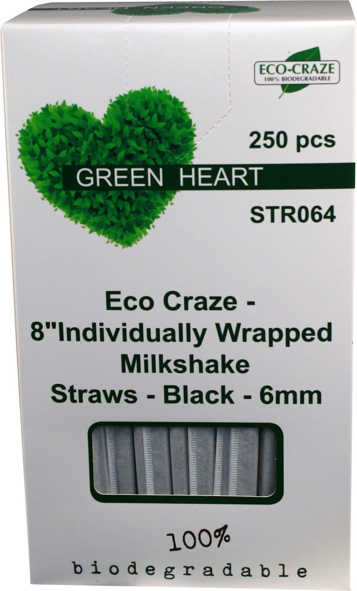 Eco-Craze - 8" Ind. Wrapped Milkshake Straws - Paper - Black - 6mm