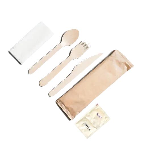 Wooden Cutlery Kit Wrapped 6pc - Fork Knife Spoon Napkin Salt and Pepper